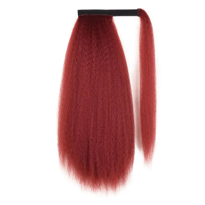 Synthetic Long Kinky Straight Ponytail Extension for Black Women Yaki Wrap Arpund Hair 24 Inch Clip in Magic Paste Black Tail