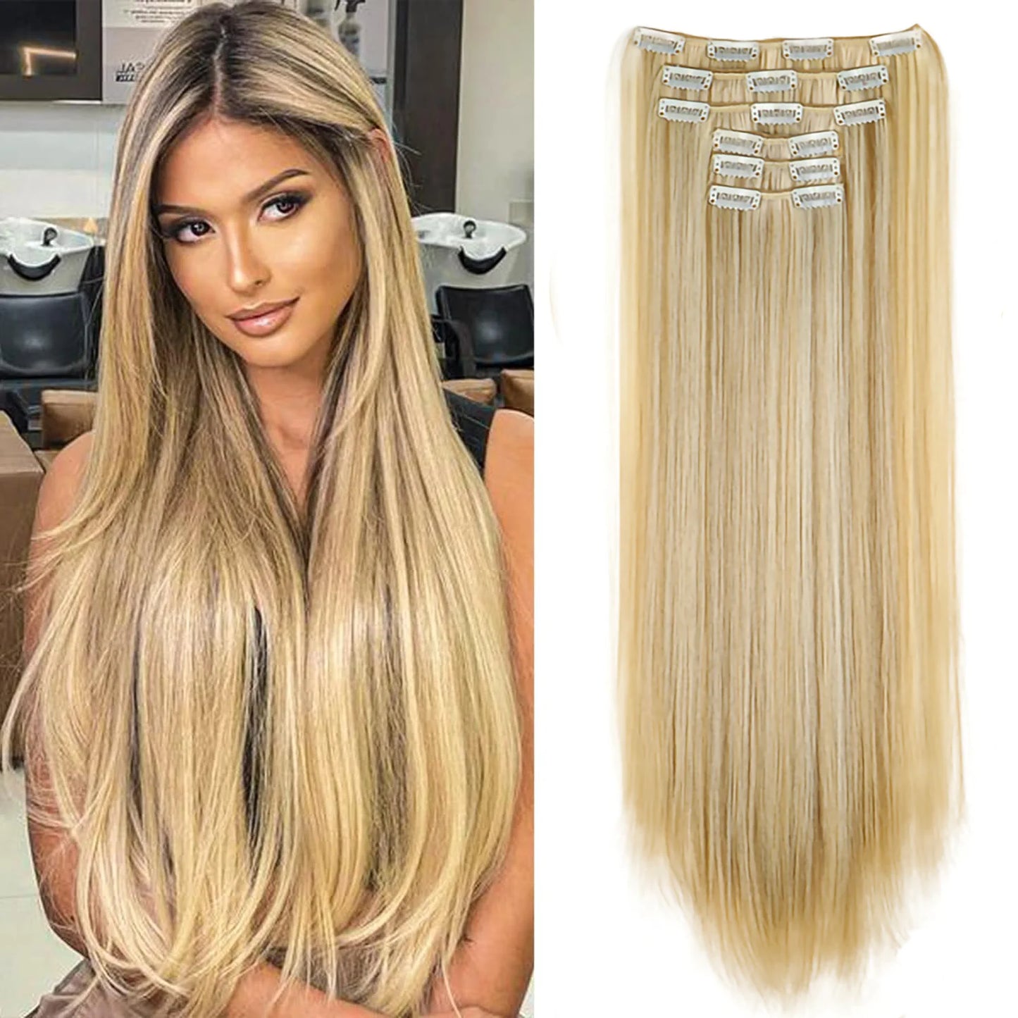 24Inch 16 Clips in Hair Extensions Long Straight Hairstyle Synthetic Blonde Black Hairpieces Heat Resistant False Hair Daily Use