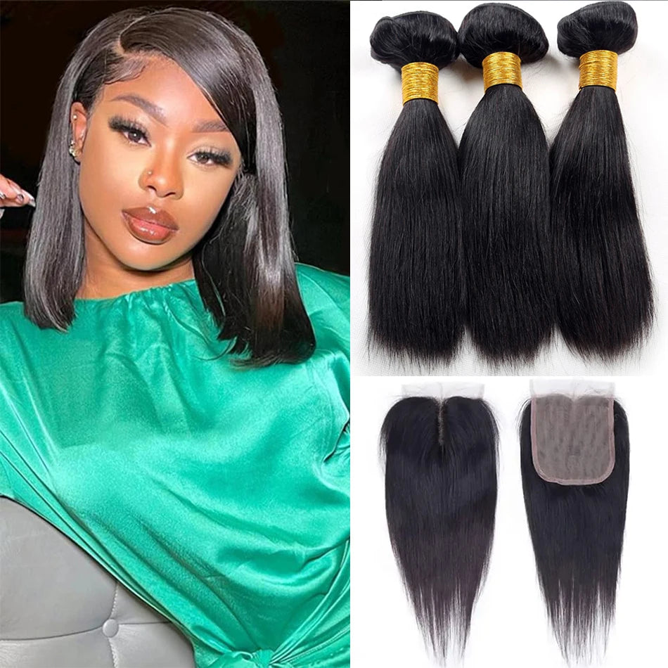 12A Malaysian Straight Bundles With Closure 3 Bundles With Closure Unprocessed Virgin Short Bob Tissage Bouclé Cheveux Humain