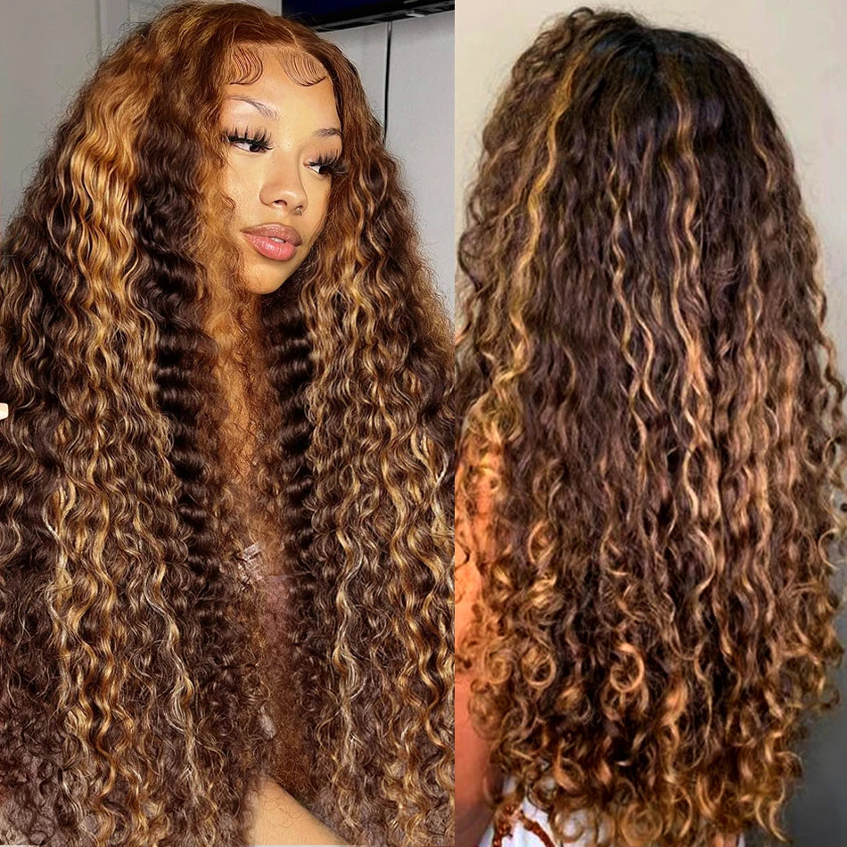 13x4 Hd Front Highlight Wig Brazilian Human Hair Curly Wigs Ombre Honey Blonde Colored Water Wave 30 Inch Deep Wave Frontal Wig