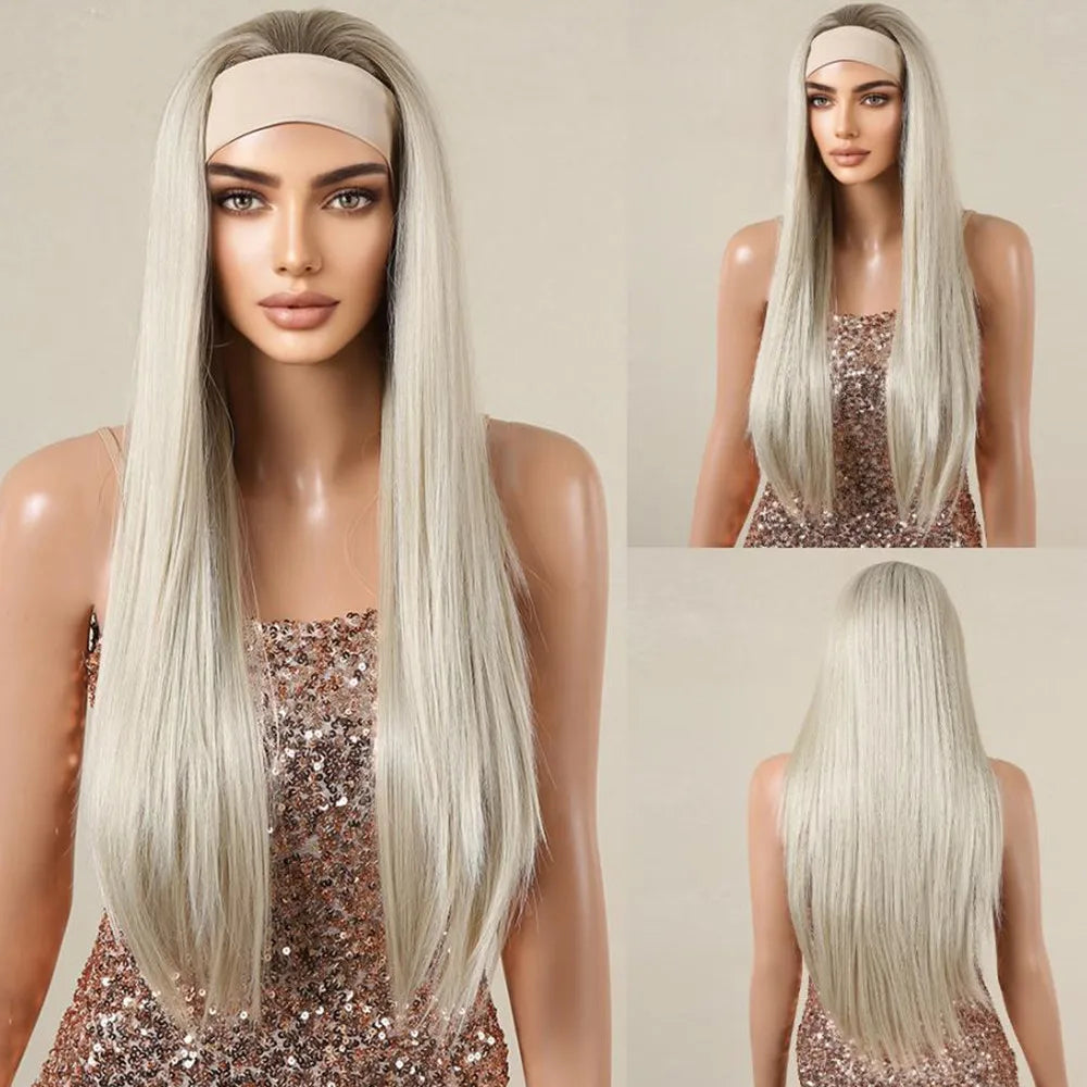 Long Curly Headband Synthetic Wigs Natural Ash Blonde Long Women's Headband Wig Body Wave Bohemian Hair Wig For Women Daily Use