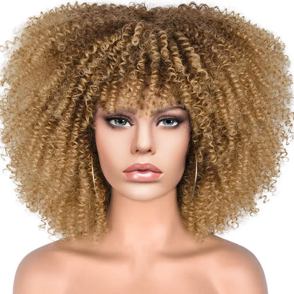 Short Afro Kinky Curly Wig With Bangs For Black Women Synthetic Ombre Glueless Colorful Wig Cosplay Party Halloween Wigs