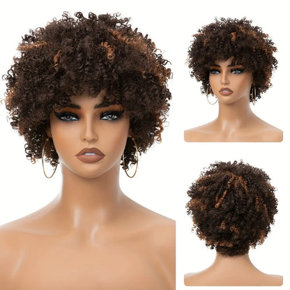 Highlight Afro Kinky Curly Human Hair Wigs for Black Women Ombre Brown Blonde Short Curly Human Hair Wig  Full Machine Wigs