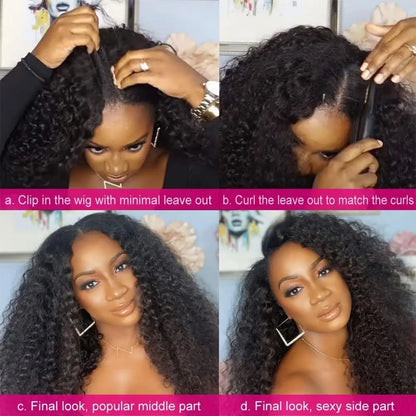 Mongolian Afro Kinky Curly Human Hair V Part Wig Natural Black 180 200 Density For Black Women Machine Made Remy Hair V-part