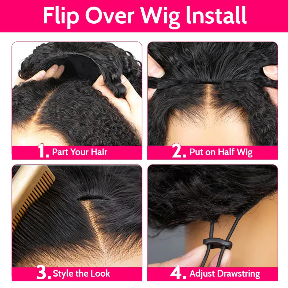 Flip Over Half Wig Water Wave Upgrade 3 IN 1 Half Wig Human Hair With Drawstring Seamless Isee Hair Clip Ins