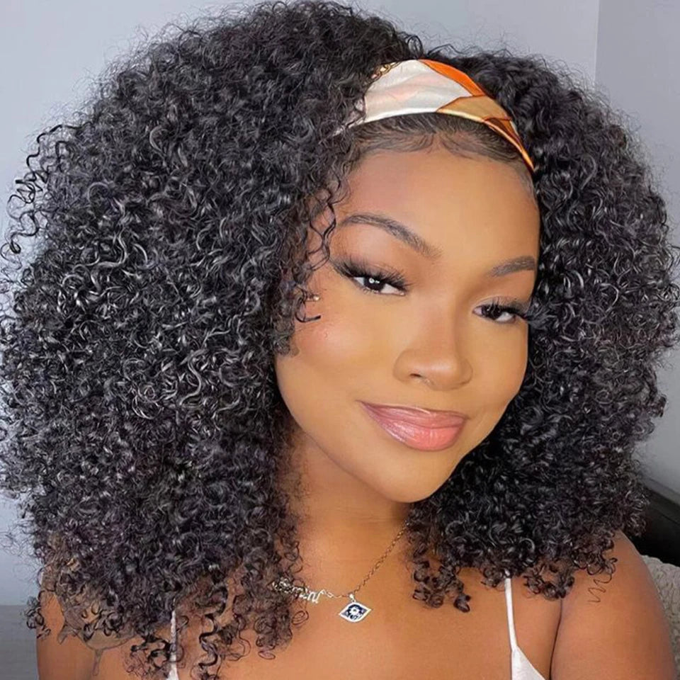 Malaysia Kinky Curly Human Hair Headband Wig For Black Women 180% Density Glueless Remy Jerry Curl Full Machine Made Hair
