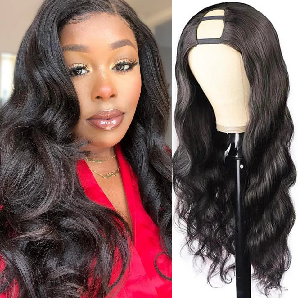 U Part Human Hair Wig Body Wave 250% Density U Part Wig Brazilian Virgin Human Hair Wig for Women 10A Full Head Clip in Half Wig