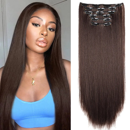 24Inch 16 Clips in Hair Extensions Long Straight Hairstyle Synthetic Blonde Black Hairpieces Heat Resistant False Hair Daily Use