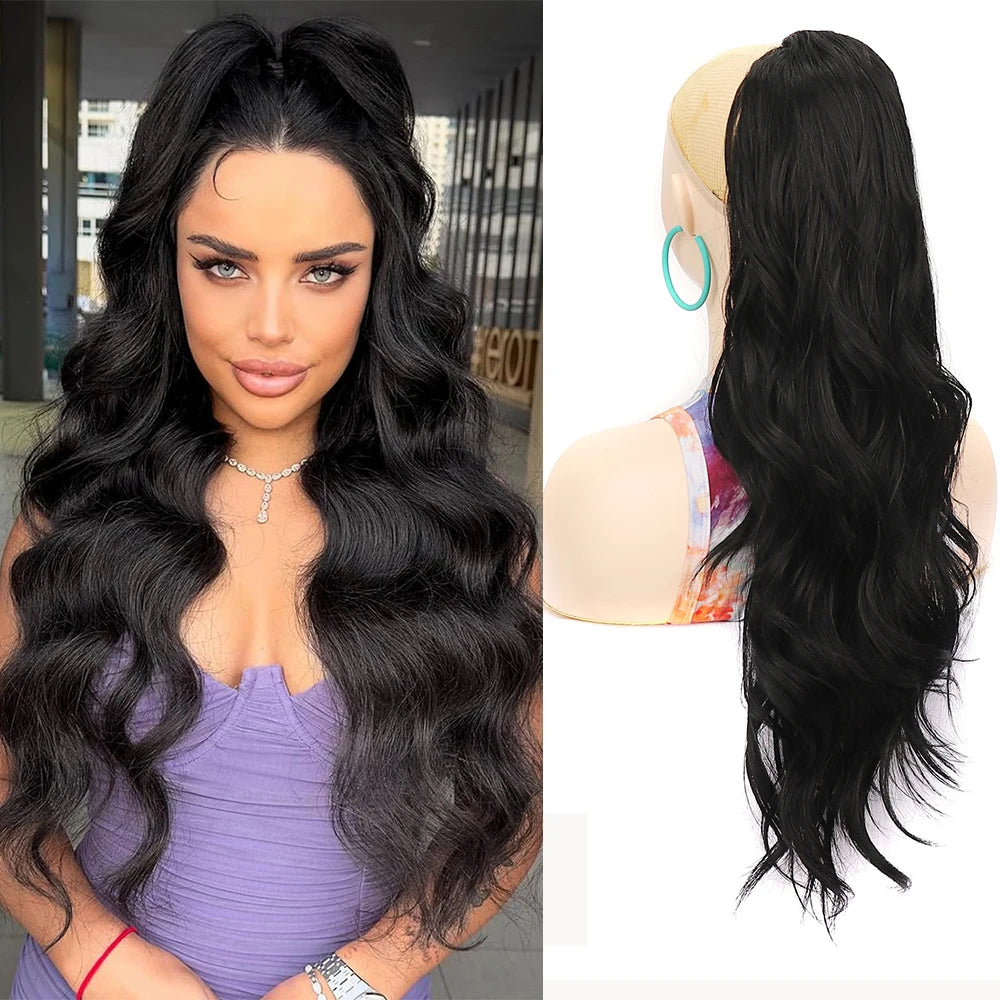 Ponytail Extension 24Inch Long Natural Wavy Drawstring Pony tail for Women Synthetic Heat Resistant Hairpiece for Daily Use part