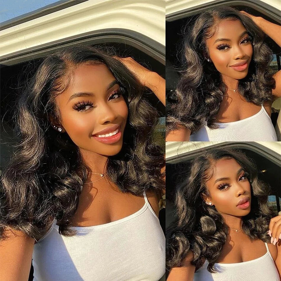 Malaysian Human Hair Wigs Loose Body Wave Bob Wig Pre plucked 13x4 HD Transparent Lace Front Short Bob Wig Natural Color Tissage