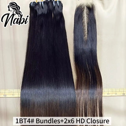 Nabi 1BT4 # Raw Vietnamese Human Hair Bundles With 2X6 HD Lace Closure Middle Part 16A Double Drawn Bone Straight