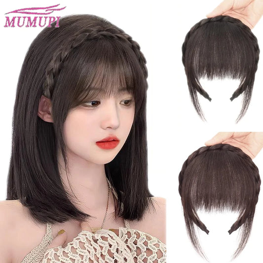 A Headband with Three-Strand Braids And a Twisted Braid Along with a 4-Inch Black And Brown Wig with Bangs