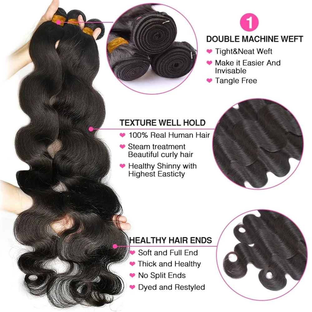 Closure With Bundles 100% Human Hair Body Wave Extensions Frontal 13x4 Lace Closure Peruvian Hair Thick And Smooth Black Color