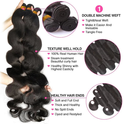 Closure With Bundles 100% Human Hair Body Wave Extensions Frontal 13x4 Lace Closure Peruvian Hair Thick And Smooth Black Color