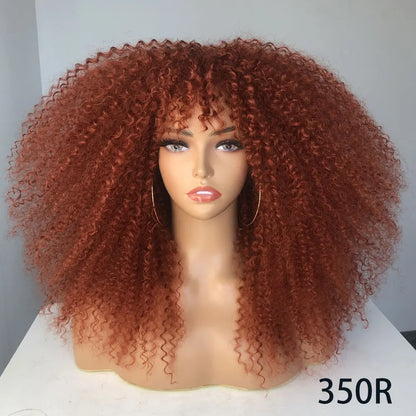 Afro Curly Wigs With Bangs For Black Women Burgundy Wig Synthetic Wine Red Hair Ombre Brown Blonde Cosplay Wig