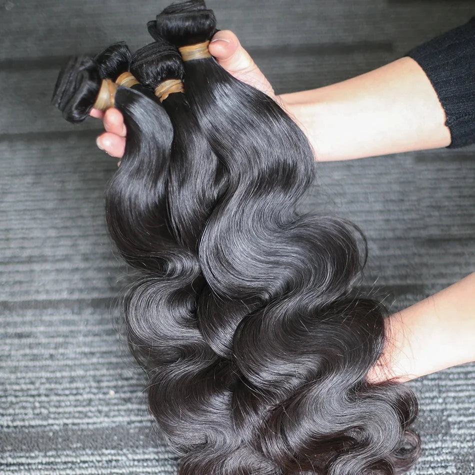 Human Hair Bundles with Closure Body Wave Brazilian Virgin Human Hair Weave 3 Bundles with 4x4 Lace Closure Natural Black Color