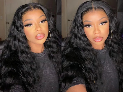 Long Curly Hair Wig for Women Natural Black Wavy Synthetic Wig Middle Part Pre Plucked Hairline 13X4 Lace Front Brunette Wigs