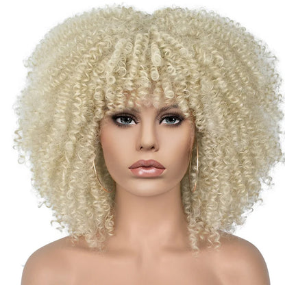 Short Afro Kinky Curly Wig With Bangs For Black Women Synthetic Ombre Glueless Colorful Wig Cosplay Party Halloween Wigs