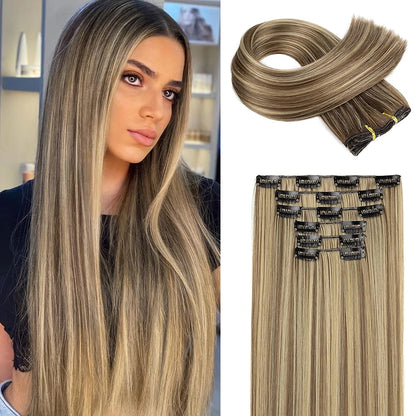 Synthetic Black Hair Extensions 24"/60cm 140g 6pcs/set Women Long Straight Full Head Clip 16 Clips  Ombre  Heat Resistant Fiber