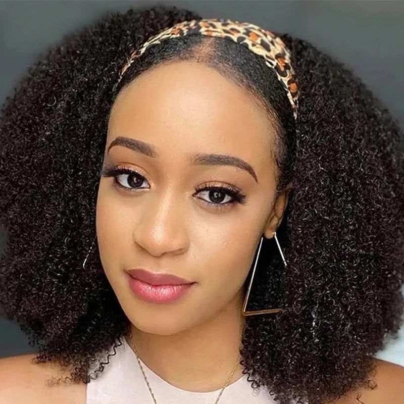 Afro Kinky Curly Human Hair Wigs For Women Headband Scarf Wig Full Machine Made Raw Indian Hair Natural Color