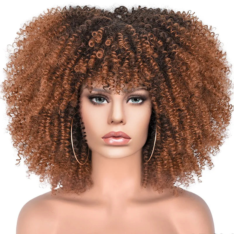 Short Afro Kinky Curly Wig With Bangs For Black Women Synthetic Ombre Glueless Colorful Wig Cosplay Party Halloween Wigs