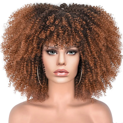 Short Afro Kinky Curly Wig With Bangs For Black Women Synthetic Ombre Glueless Colorful Wig Cosplay Party Halloween Wigs