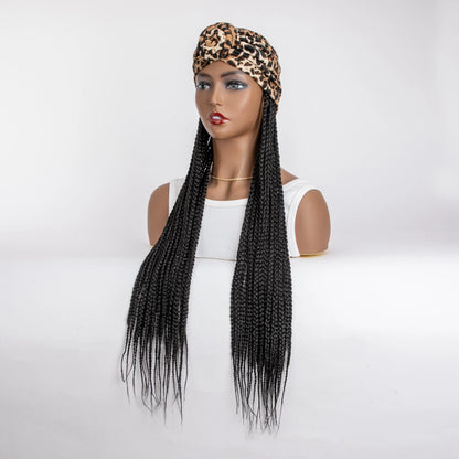 WIGERA Leopard Print Headband Long Braided Synthetic Wig With Turban Hat Box Braiding Hair Extensions Head Scarf  Easy Hairstyle