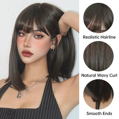 Straight Bob Synthetic Wigs Dark Brown Hair with Bangs for Women Shoulder Length Wig Daily Use Heat Resistant Korean Hairstyle