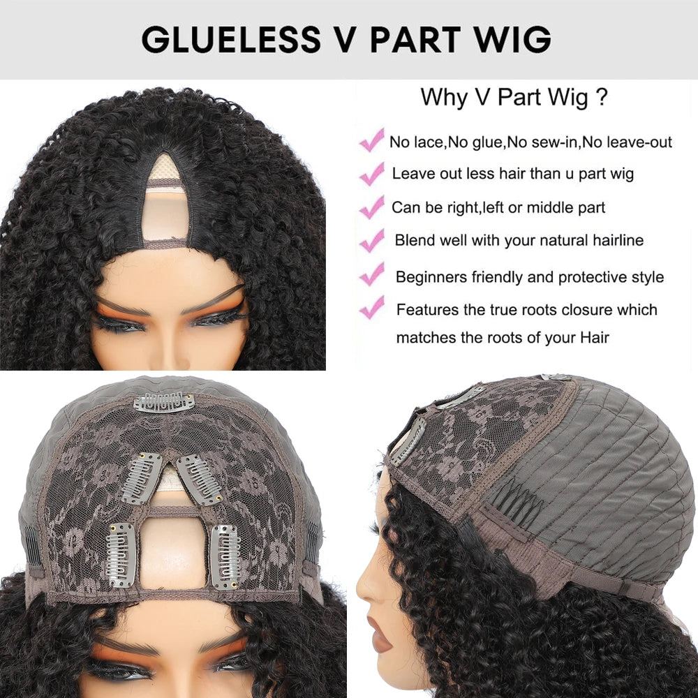 Mongolian Afro Kinky Curly Human Hair V Part Wig Natural Black 180 200 Density For Black Women Machine Made Remy Hair V-part