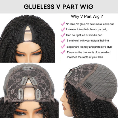 Mongolian Afro Kinky Curly Human Hair V Part Wig Natural Black 180 200 Density For Black Women Machine Made Remy Hair V-part