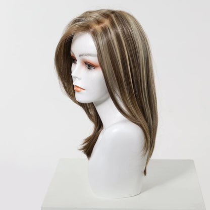 MONO Lace Frontal Synthetic Wigs Light Brown Blonde Hair Middle Length Straight Layered Wigs for White Women Daily 16inches Hair