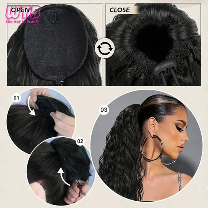 Synthetic Ponytail Extension 26 Inch Extra Long Drawstring Wavy Curly Ponytails Black Brown Fake Hair piece for Women