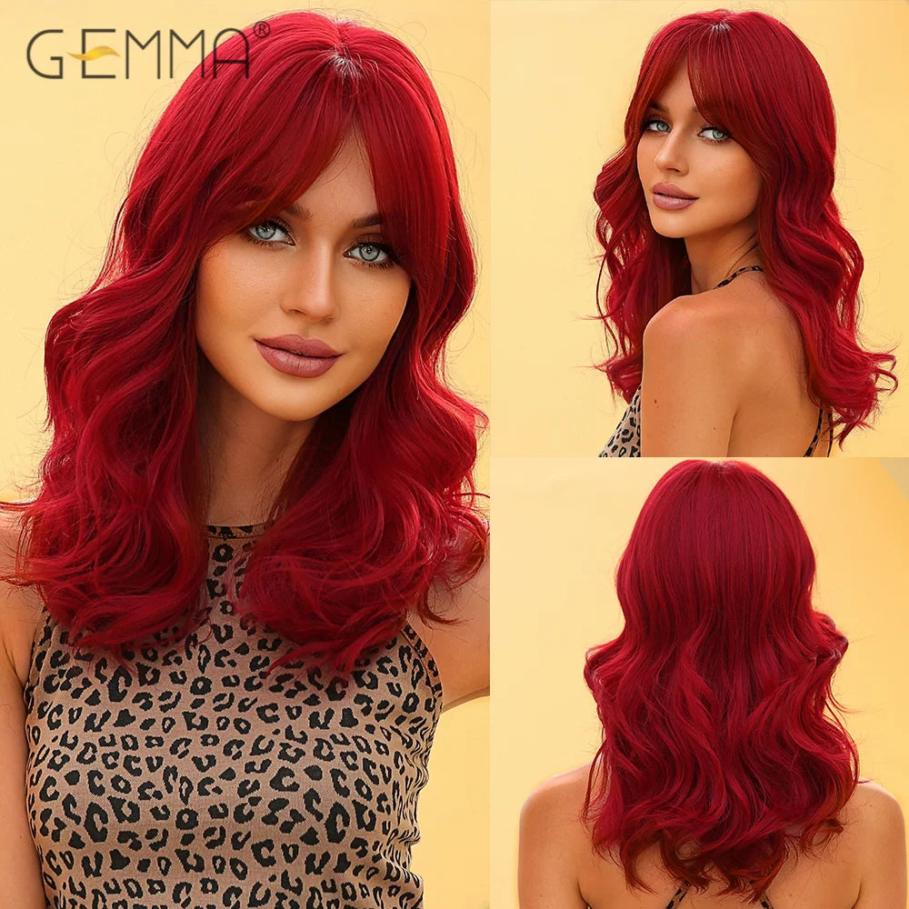 Shoulder Long Wavy Dark Brown Wig with Bangs Synthetic Water Wave Cosplay Daily Wigs for Women Afro Heat Resistant Natural Hair