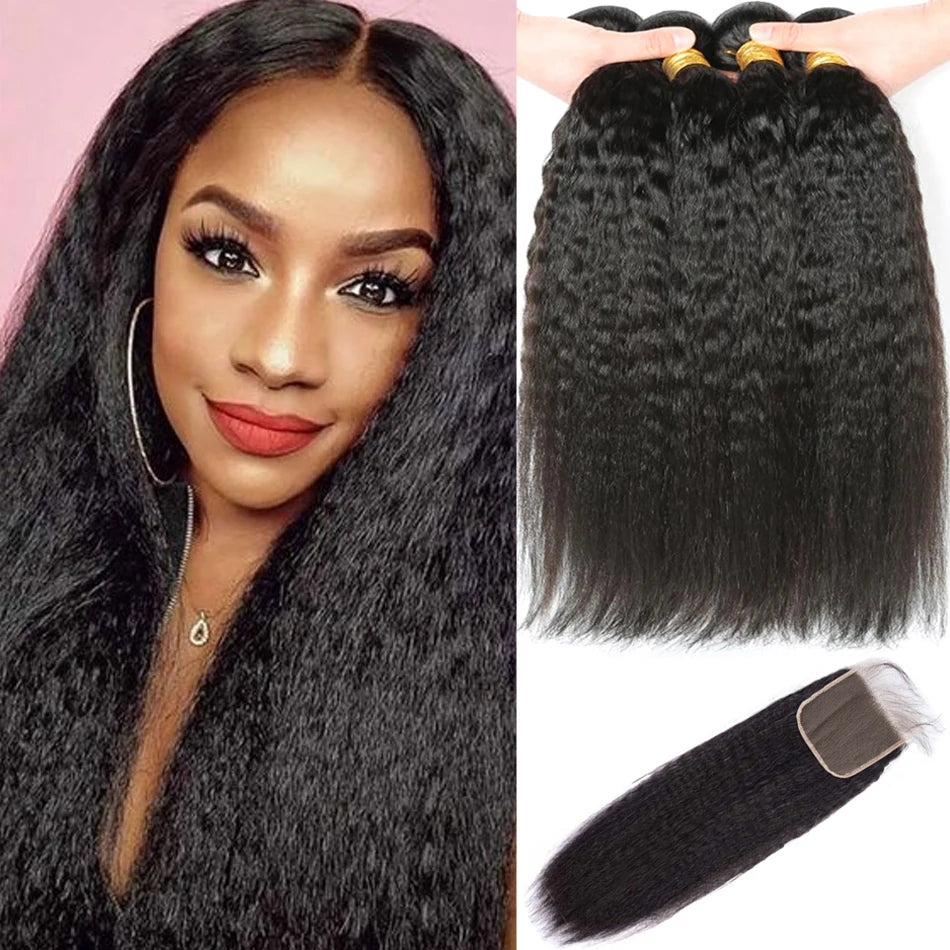 kinky Straight Bundles With 13X4 Transparent Frontal Yaki Straight 100% Human Hair Bundles With 4x4 Lace Closure and Bundles