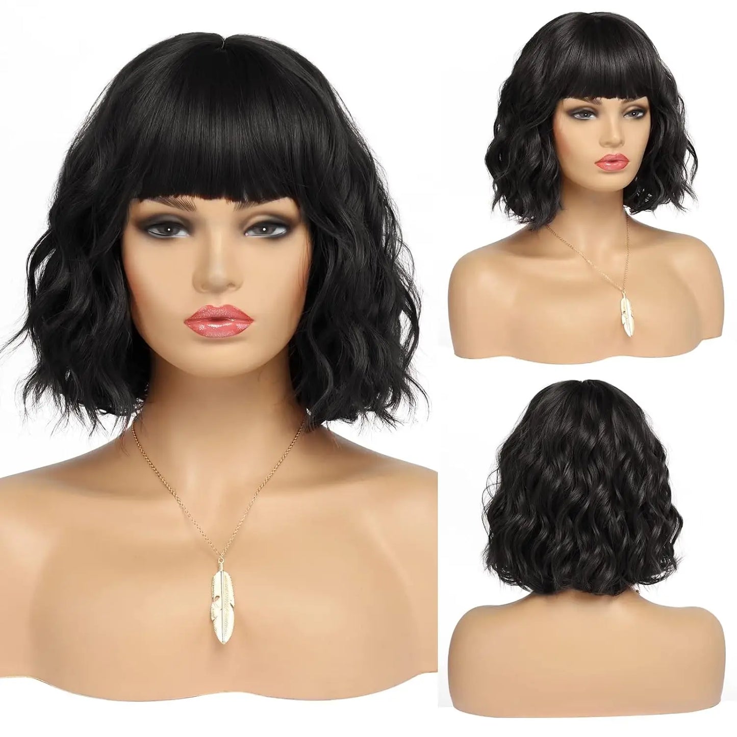 Synthetic Short Curly Bob Wig With Bangs for Women Wavy Shoulder Length Wig Short Water Wave Wig Daily Wear