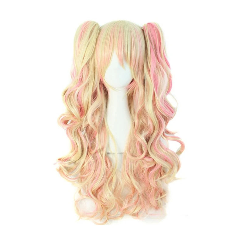 Synthetic Hair Wigs Cosplay Wig With Bangs Wavy Costume Wigs For Women Long Two Claw Clip Ponytail Wig Pink Red Blue Black White