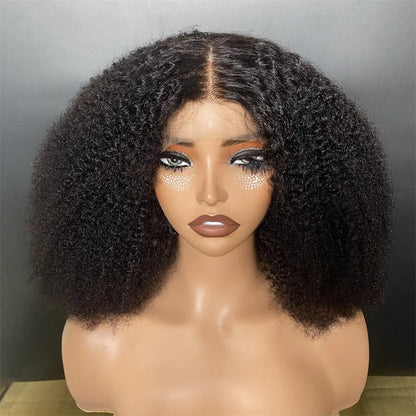 Afro Kinky Curly 250% Density 4x4 Lace Front Short Curly Wigs 100% Human Hair Pre-Plucked Brazilian Virgin Hair Natural Color
