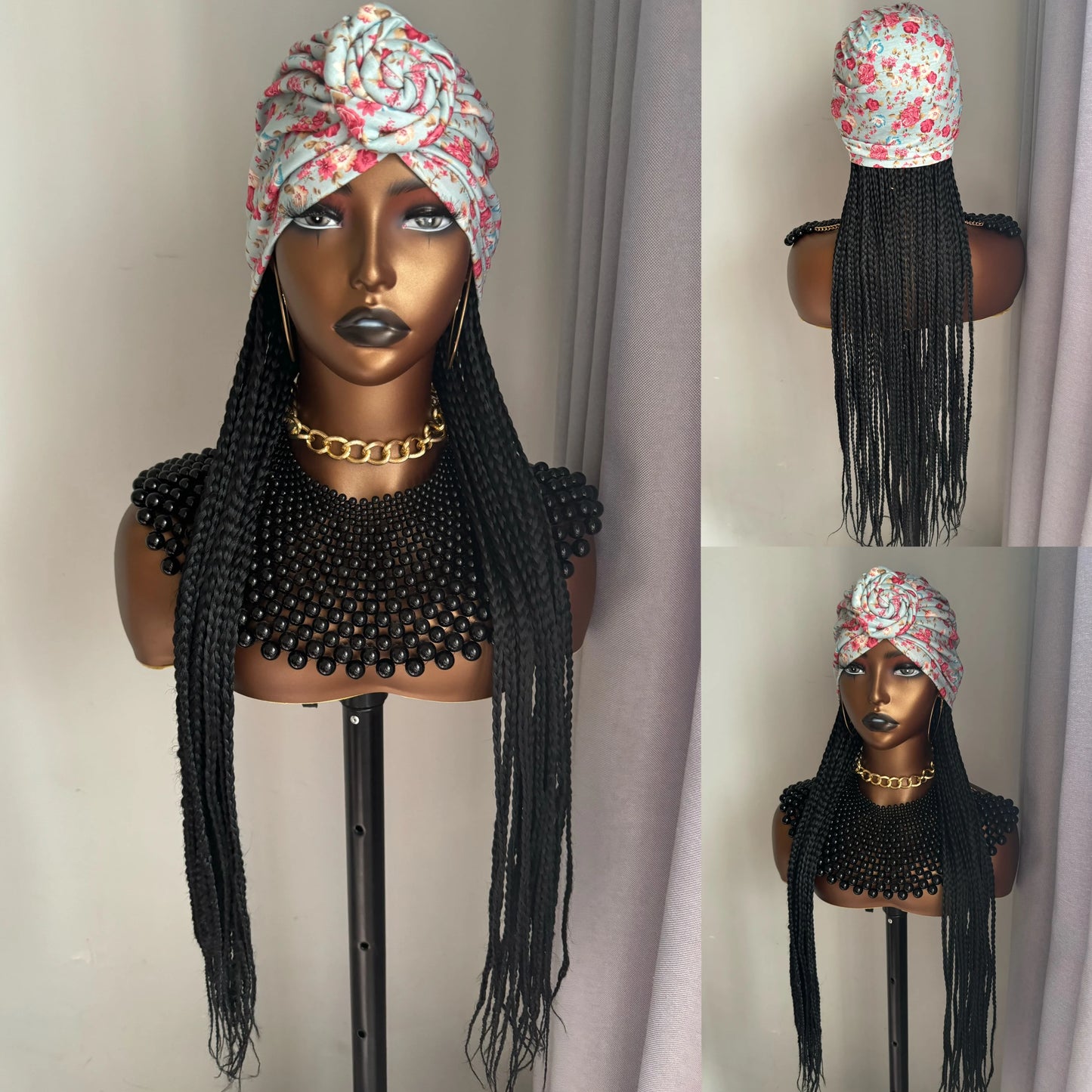 WIGERA Leopard Print Headband Long Braided Synthetic Wig With Turban Hat Box Braiding Hair Extensions Head Scarf  Easy Hairstyle