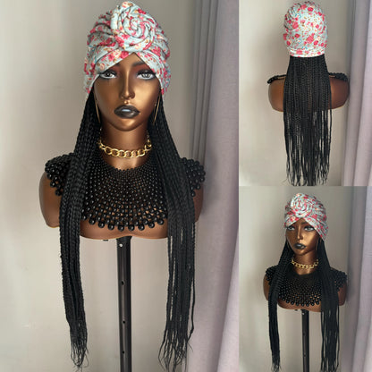 WIGERA Leopard Print Headband Long Braided Synthetic Wig With Turban Hat Box Braiding Hair Extensions Head Scarf  Easy Hairstyle