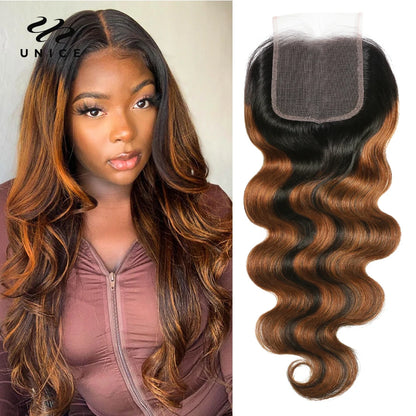 UNICE Brazilian Hair Bundles with Closure Body Wave 3 Bundles with Closure HoneyBlonde Highlight Human Hair Closure and Blundles