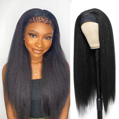 Yaki Straight Headband Wig Human Hair For Women Malaysia180% Density Yaki Straight Human Hair Machine Made Wigs Natural Color