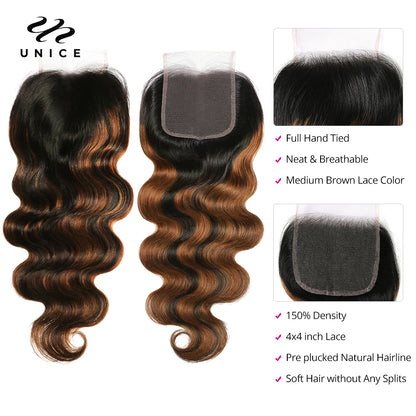 UNICE Brazilian Hair Bundles with Closure Body Wave 3 Bundles with Closure HoneyBlonde Highlight Human Hair Closure and Blundles