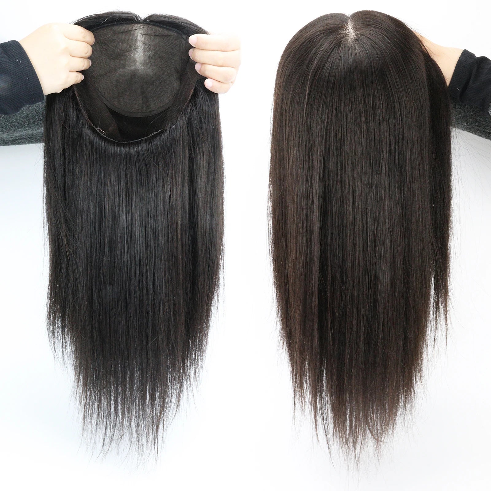 Full Lace Silk Base Wig with PU Front 18" Remy Human Hair Wig for Women Natural Black Silk Top Glueless Wig Natural Scalp