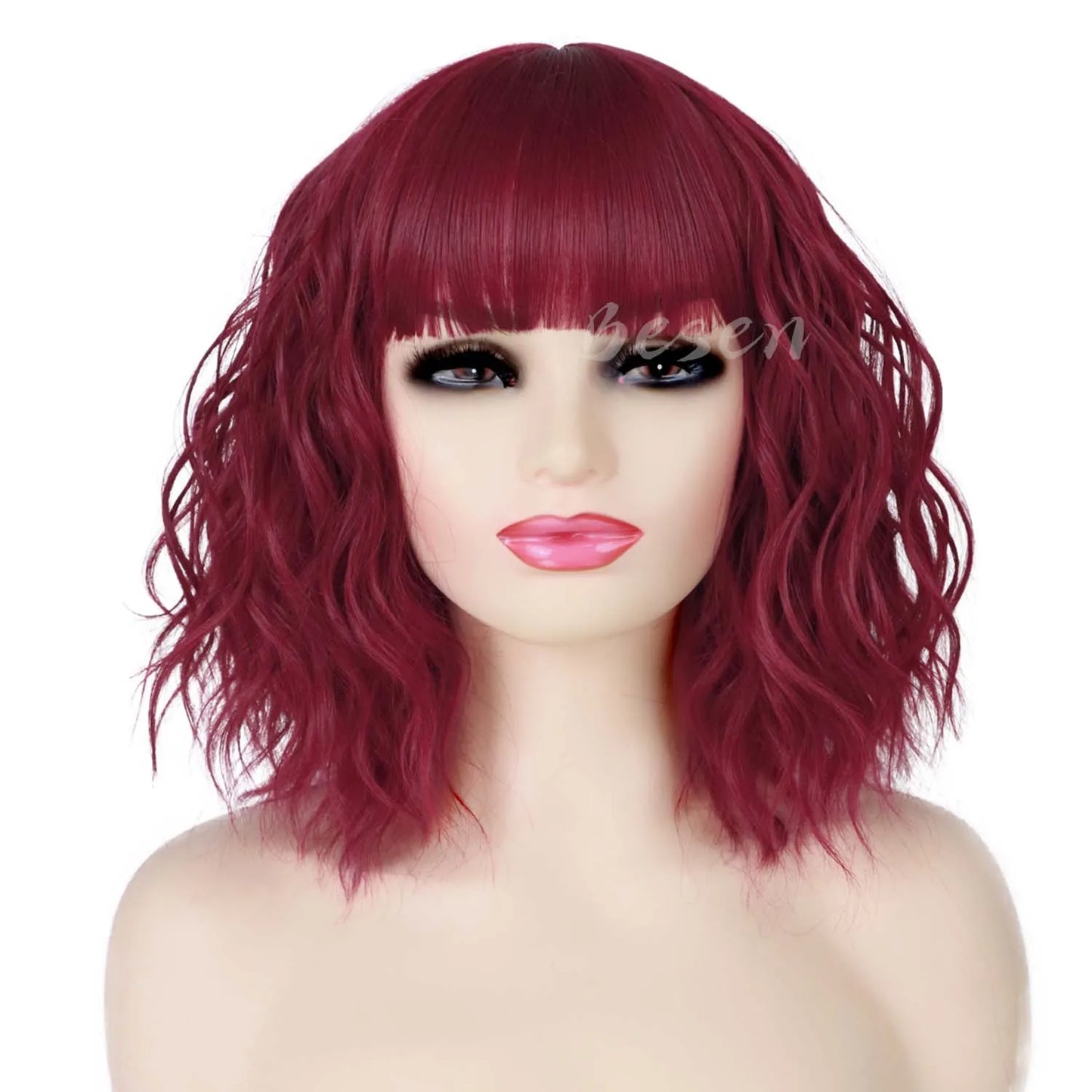 Synthetic Short Curly Bob Wig With Bangs for Women Wavy Shoulder Length Wig Short Water Wave Wig Daily Wear