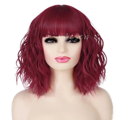 Synthetic Short Curly Bob Wig With Bangs for Women Wavy Shoulder Length Wig Short Water Wave Wig Daily Wear