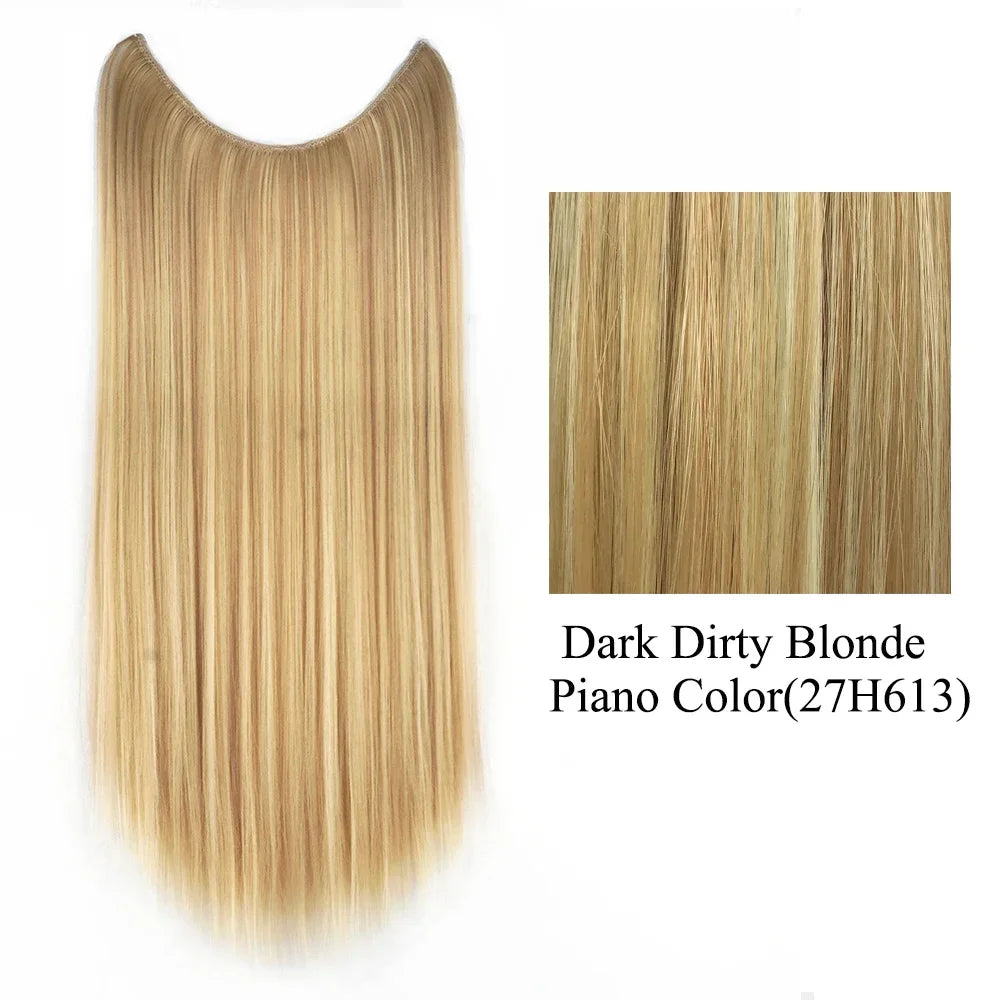 22'' 26'' Long Straight Blonde Synthetic Halo Hair Extensions Fish Line Invisible Hairpiece Extension Fake Hair for Girls