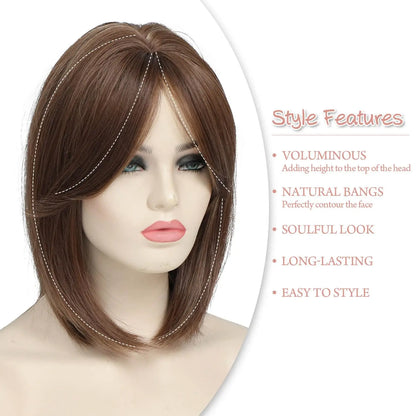 12 inches three clip synthetic wig top hair piece with bangs hair piece, brown bangs wig