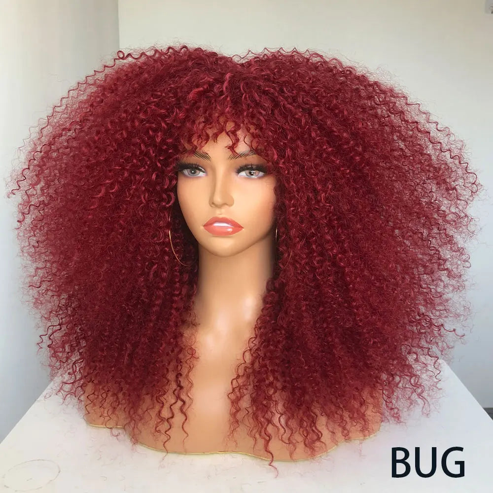 Afro Curly Wigs With Bangs For Black Women Burgundy Wig Synthetic Wine Red Hair Ombre Brown Blonde Cosplay Wig