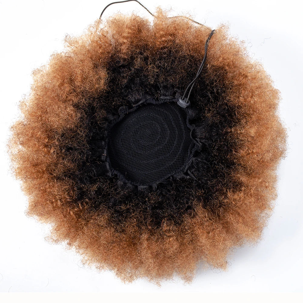 Afro Kinky Curly Hair Bun 10 Inches Real Human Hair Afro Drawstring Ponytail With Clips Extensition Natural Color For Women