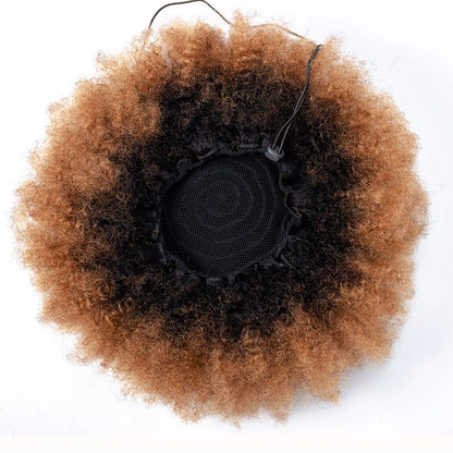 Afro Kinky Curly Hair Bun 10 Inches Real Human Hair Afro Drawstring Ponytail With Clips Extensition Natural Color For Women